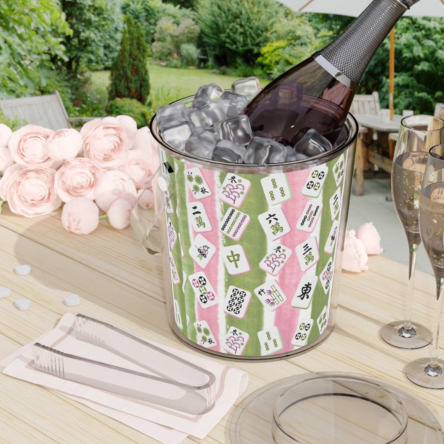 Mahjong Ice Bucket, Charming Ice Bucket with Tongs for Parties, Green Pink Striped Mahj Tiles Drink Cooler