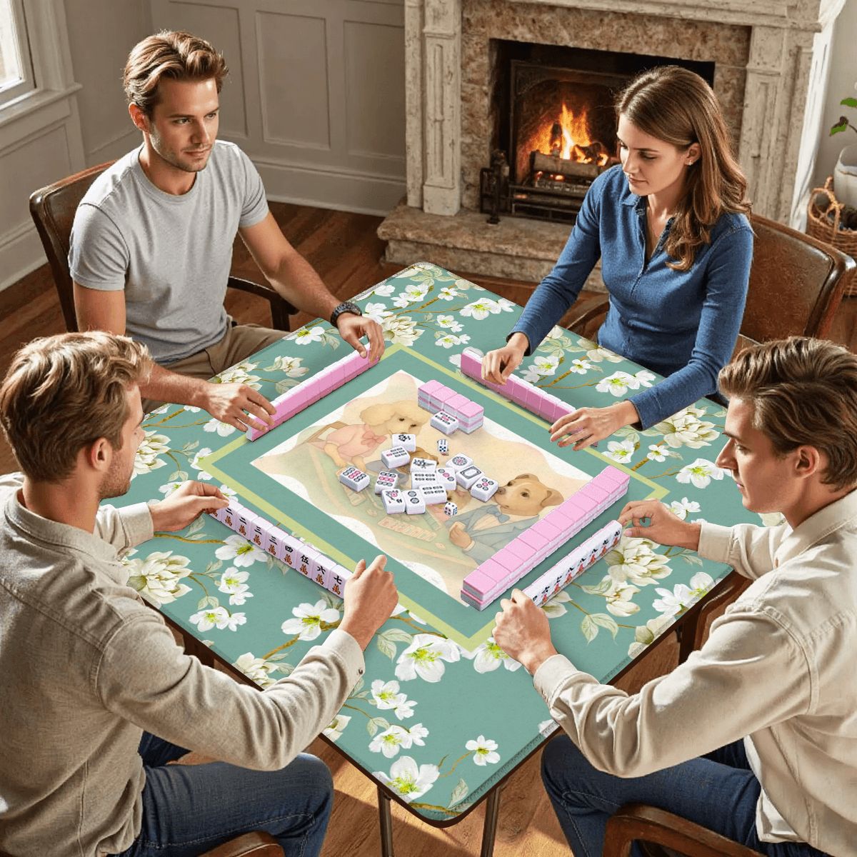 Dogs Playing Mahjong Mat Whimsical Floral Asian Designed Neoprene Mahj Mat