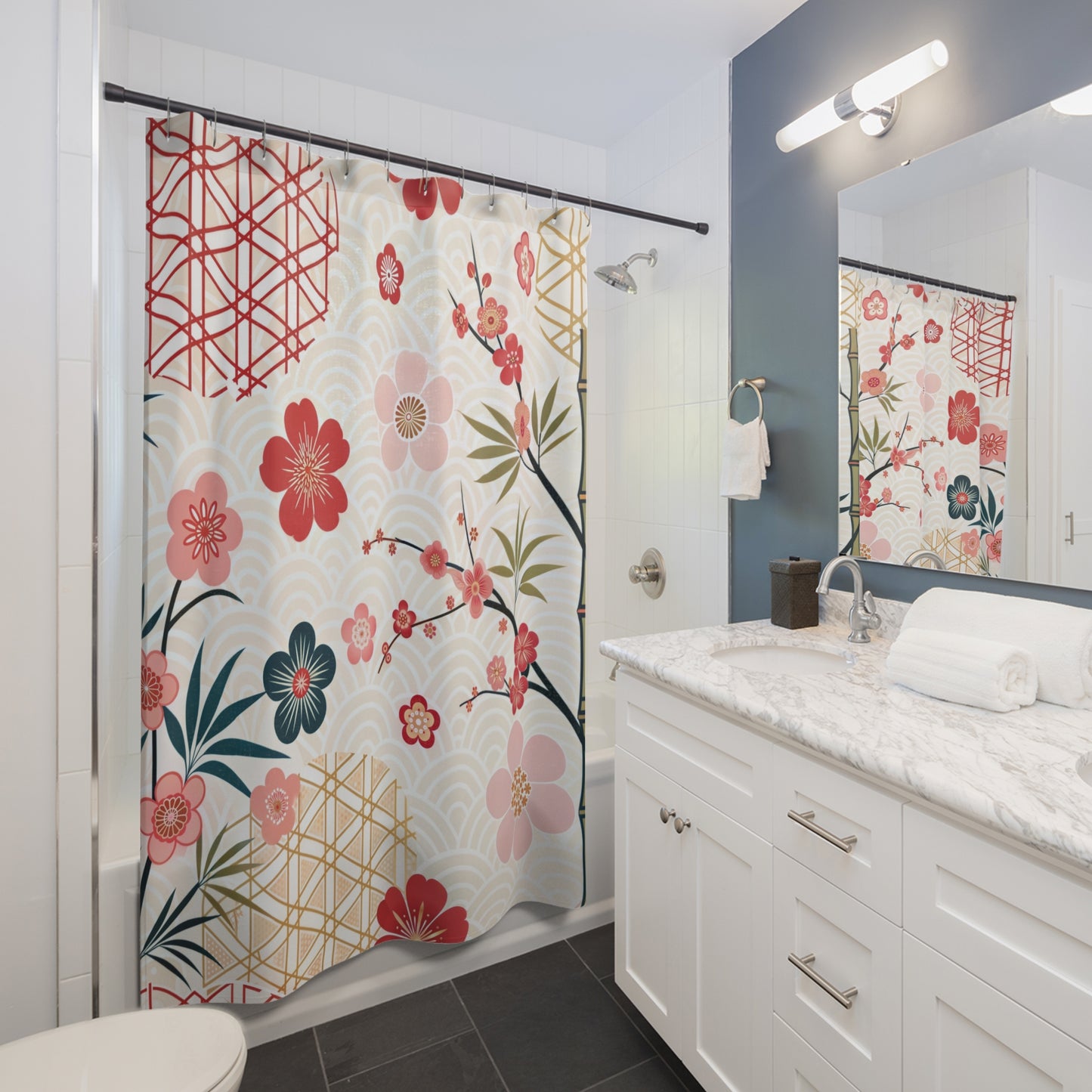 Elegant Asian Zen Cherry Blossom Garden Floral Shower Curtain