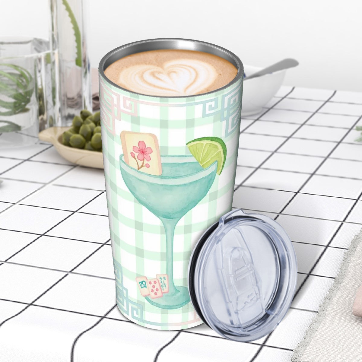 Mahjong Tumbler Gift Green Pink Gingham Preppy Stainless Steel Insulated Tumblers with Lid & Straw