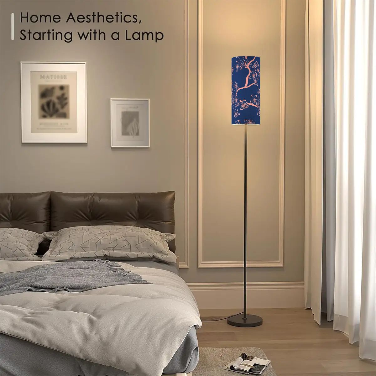 Floral Royal Blue Pink Asian Zen Reading Nook Floor Lamp Modern Standing Lamp