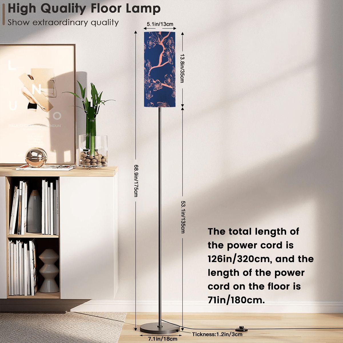 Floral Royal Blue Pink Asian Zen Reading Nook Floor Lamp Modern Standing Lamp