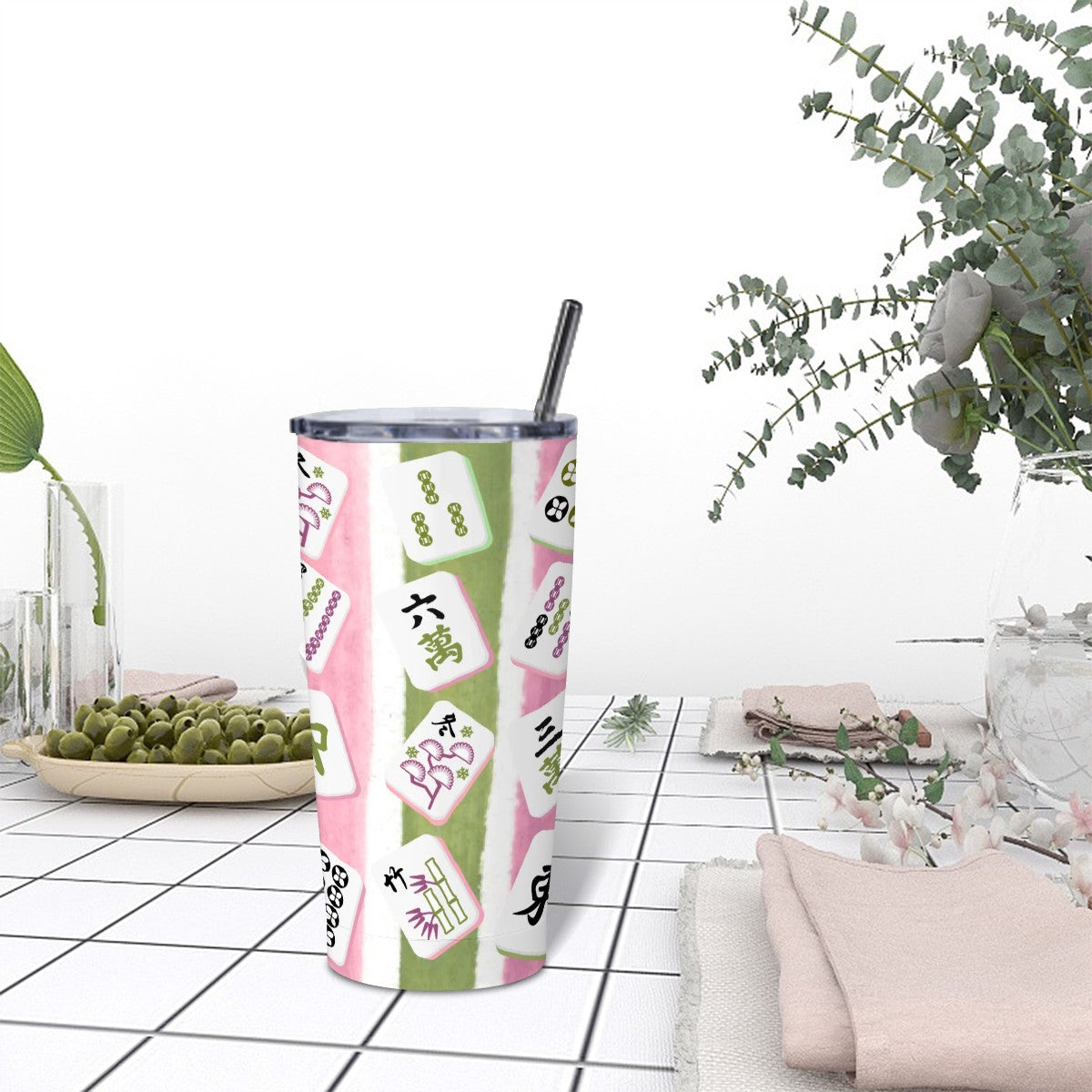 Mahjong Pink Green Mahjong Tiled Fun Designed Stainless Steel Insulated Tumbler