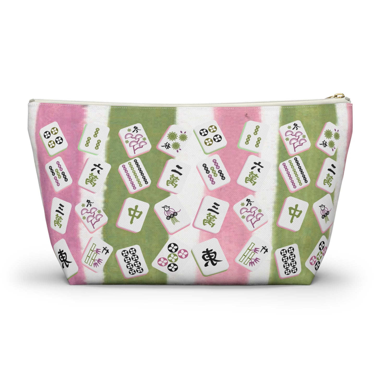 Mahjong Tile Pouch, Mahj Lover Gift, Cosmetic Bag, Pastel Pink Green Striped With Mahjong Tiles