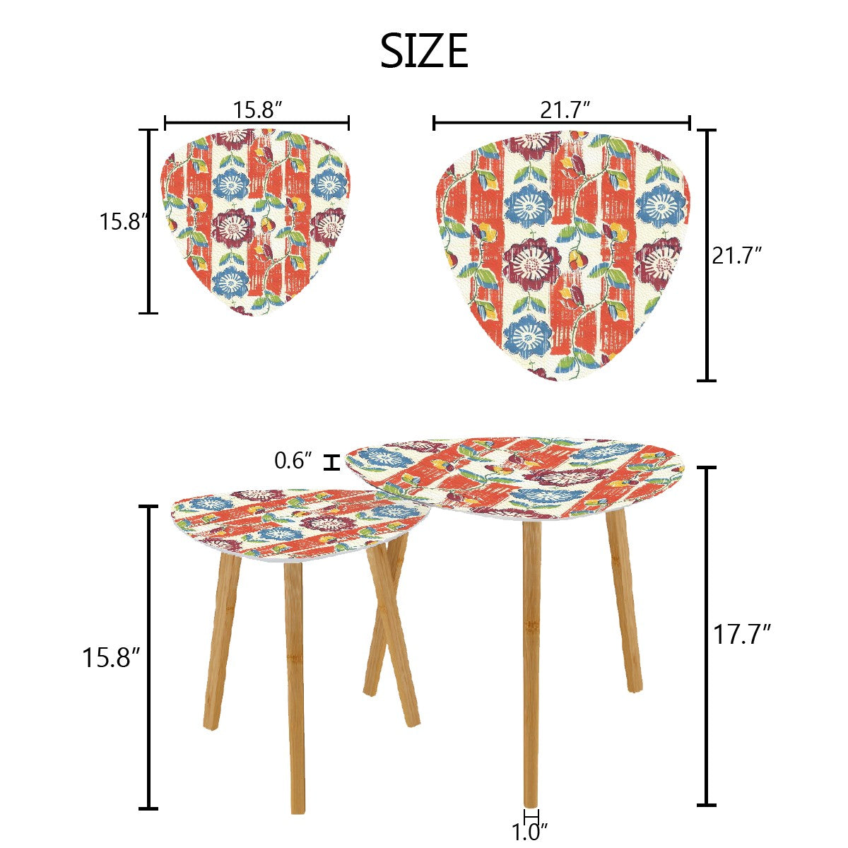 Vintage Floral Heritage Coral Blue Modern Nesting Tables Triangle Coffee Table Set of 2