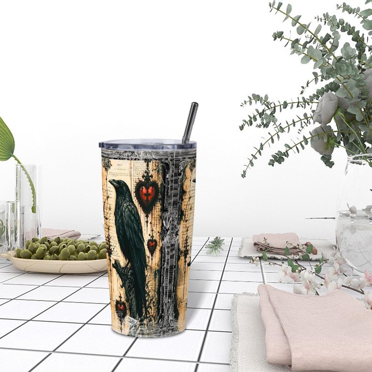 Edgar Allen Poe Raven Gothic Stainless Steel Insulated Tumblers with Lid & Straw