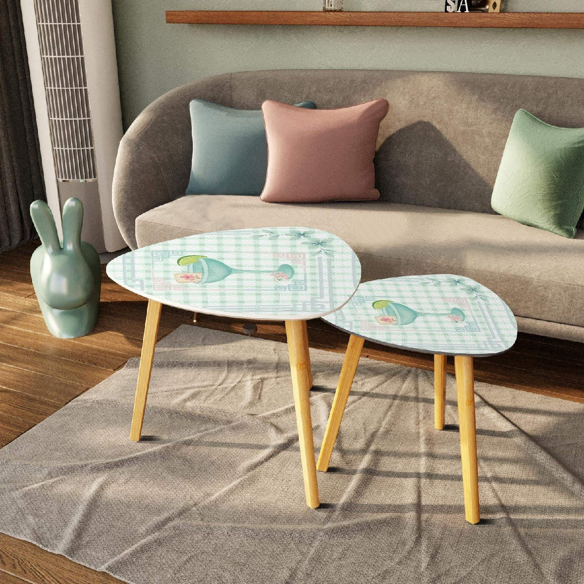 Mahjong Table Watercolor Cocktail Whimsical Mahj Tiles Triangle Coffee Table Set of 2