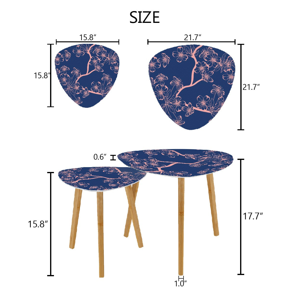 Asian Royal Blue Pink Floral Zen Nesting Triangle Coffee Tables