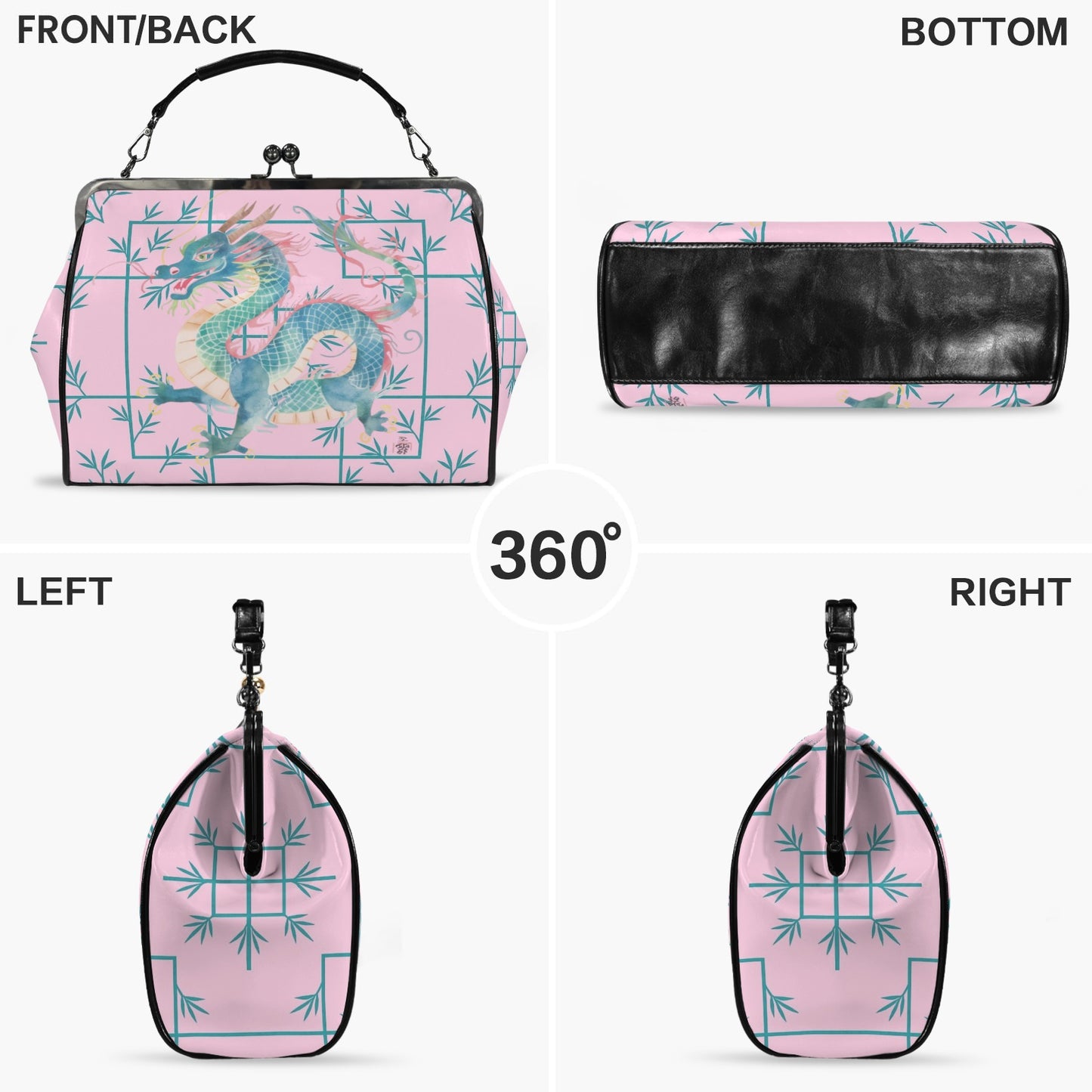 Hot Pink Watercolor Dragon Preppy Kisslock Handbag, Shoulder Bag Kisslock Crossbody Shoulder Bag - Splash of Color Co.
