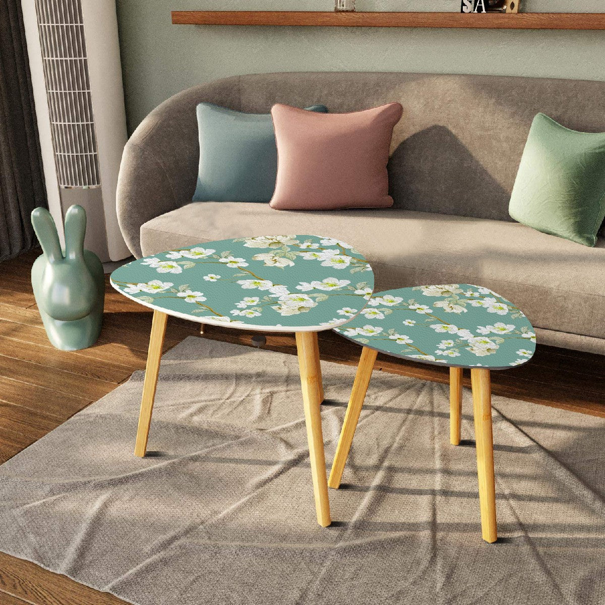 Asian Garden Zen Cherry Blossom Modern Nesting Triangle Coffee Table Set of 2