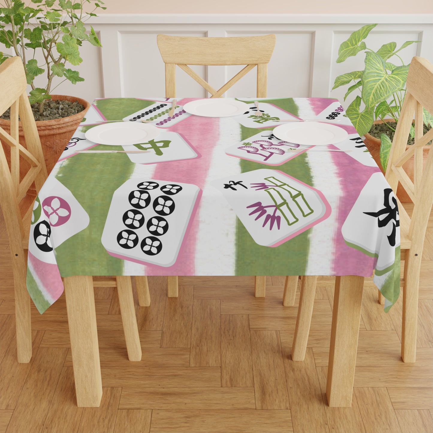 Mahjong Tablecloth for Game Nights,Game Table Cover, Pink, Green Mahj Tiles Colorful Party Tablecloth, Holiday Gift Idea