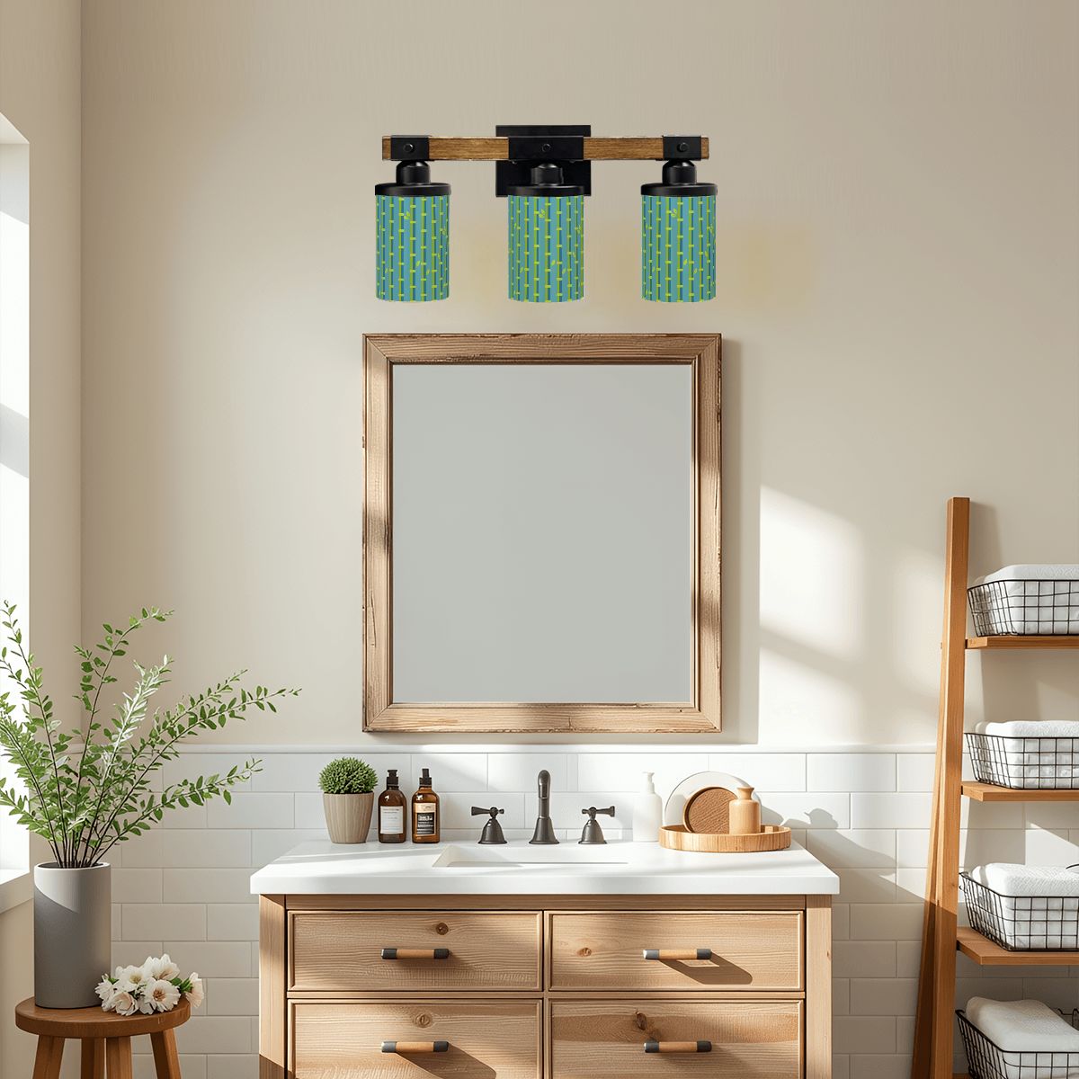 Bamboo Designed Green Blue, Asian Zen Garden Vanity Light Fixture