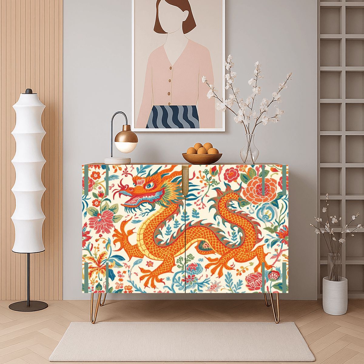 Asian Dragon Chinoiserie Orange Blue Green Modern Wooden Storage Cabinet - Splash of Color Co.