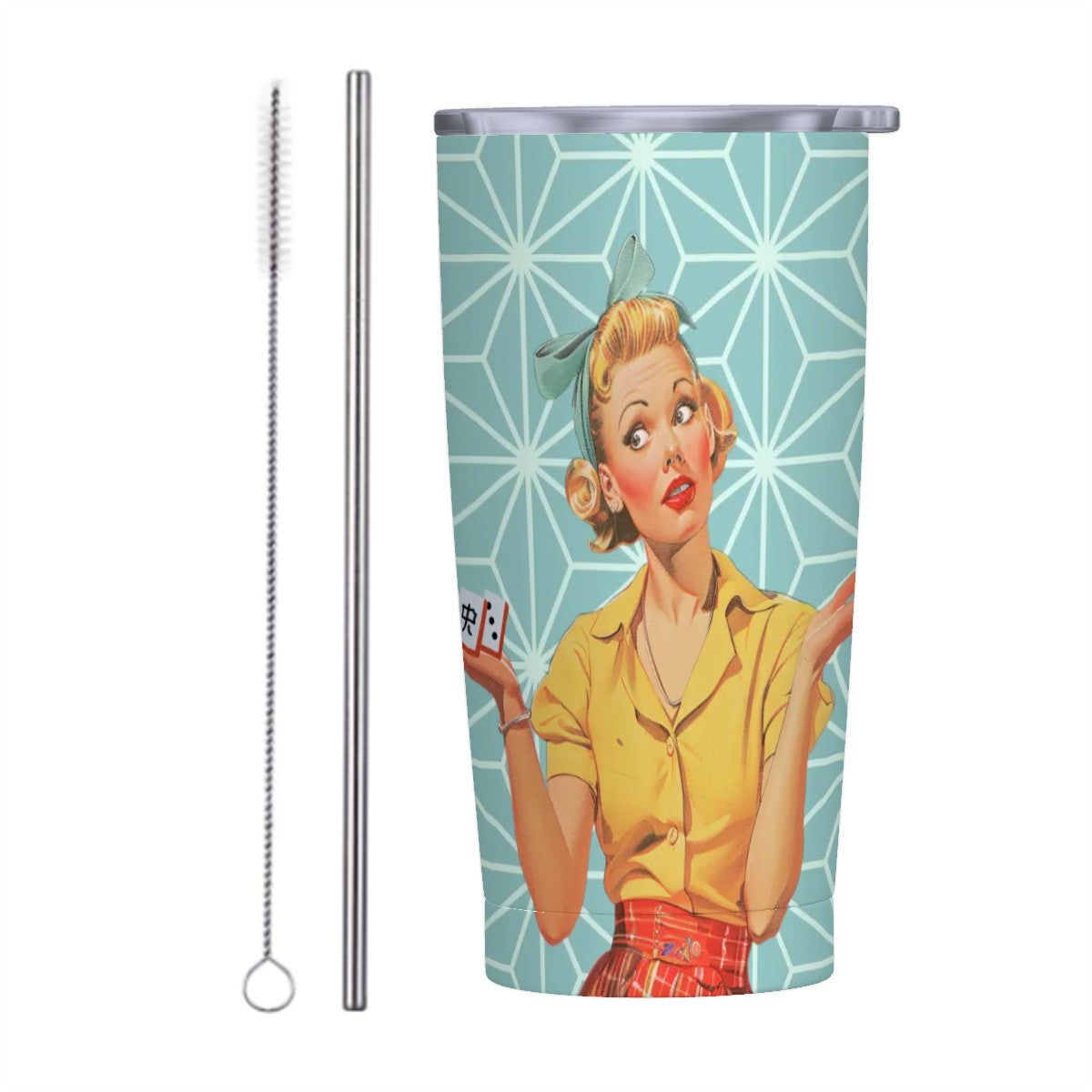 Cute Mahjong Nostalgic Mahjong Lover Stainless Steel Insulated Tumblers with Lid & Straw