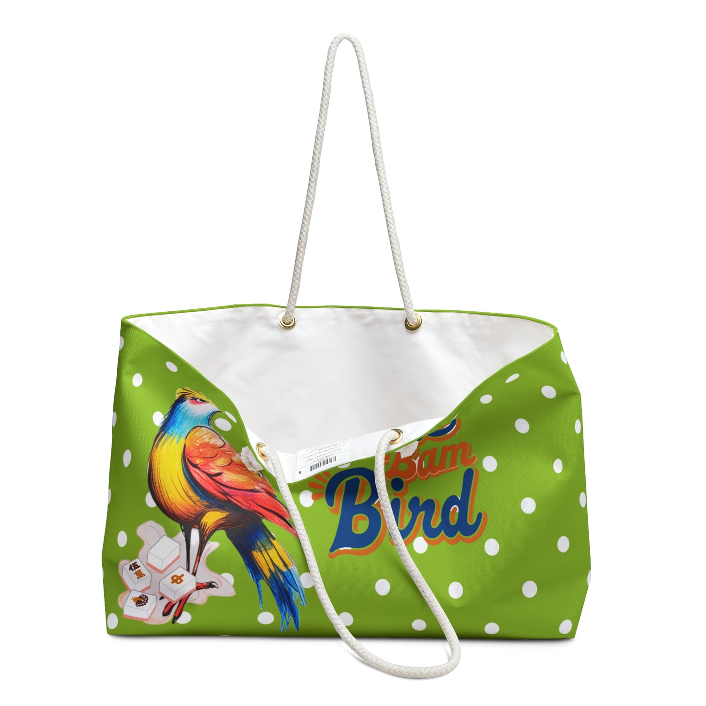 One Bam Bird Mahjong Accessory Bag, Green Citrus Polka Dot, Whimsical Bird Weekender Bag