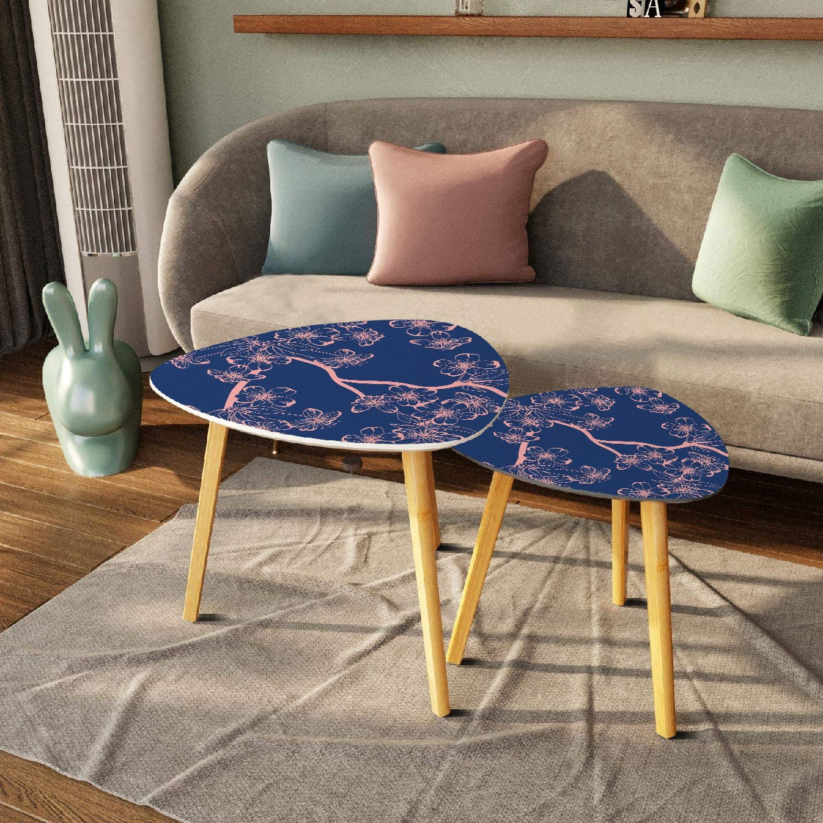 Asian Royal Blue Pink Floral Zen Nesting Triangle Coffee Tables