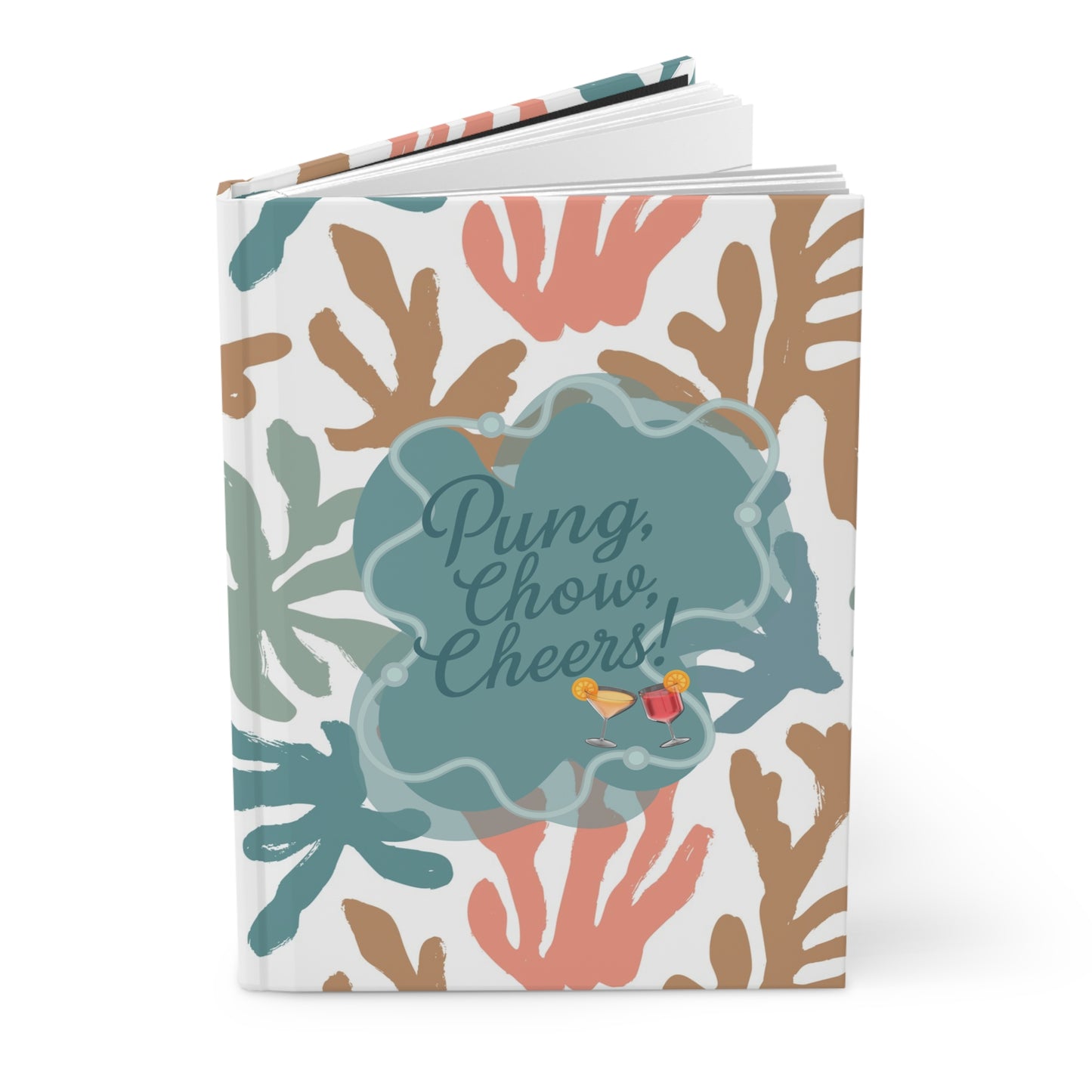 Notebook with floral design and 'Pung, Chow, Cheers!' text on a white background