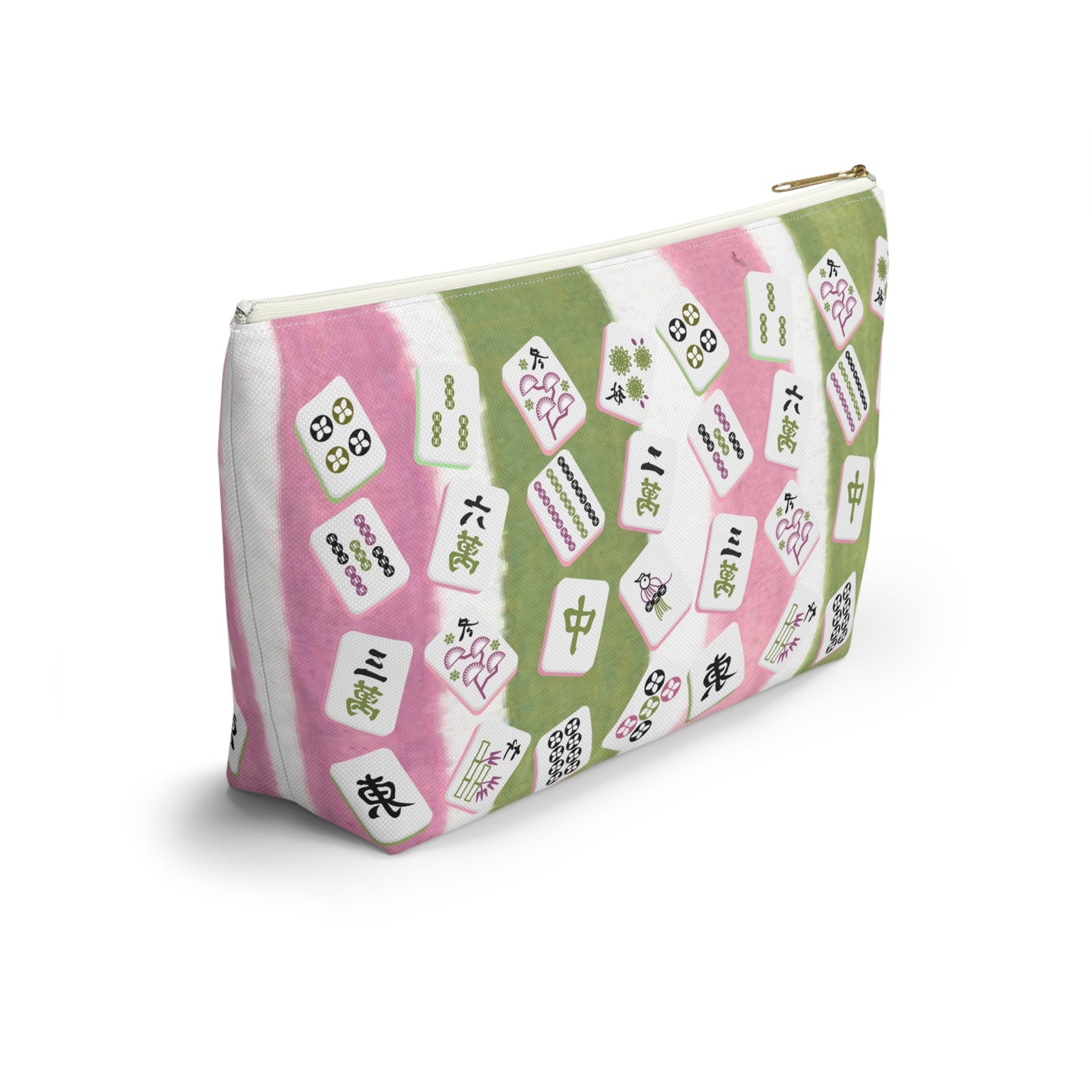 Mahjong Tile Pouch, Mahj Lover Gift, Cosmetic Bag, Pastel Pink Green Striped With Mahjong Tiles