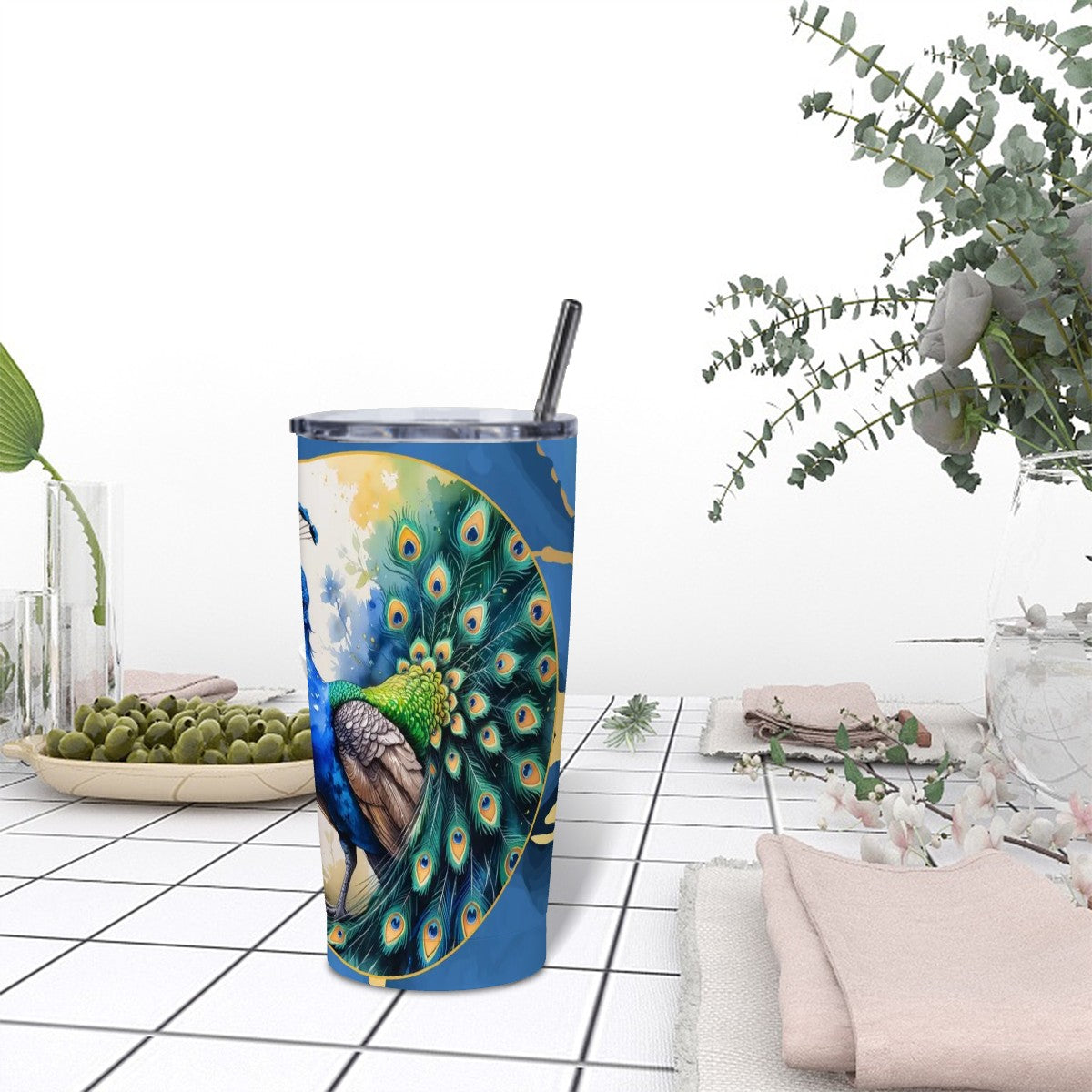 Floral Peacock Watercolor Blue And Gold Marbled Stainless Steel Insulated Tumbler