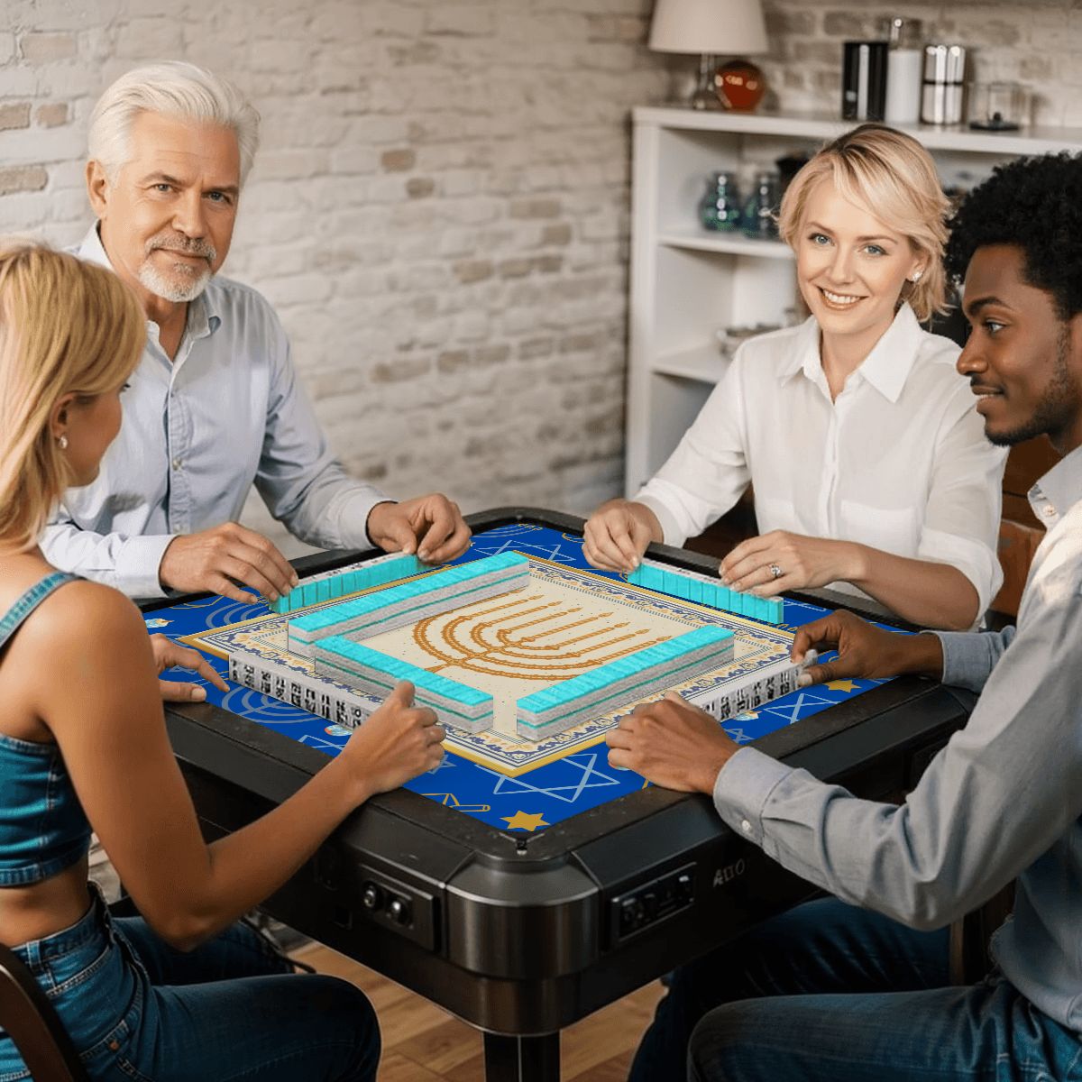 Hanukkah Mahjong Mat With Menorah And Dreidels - Splash of Color Co.