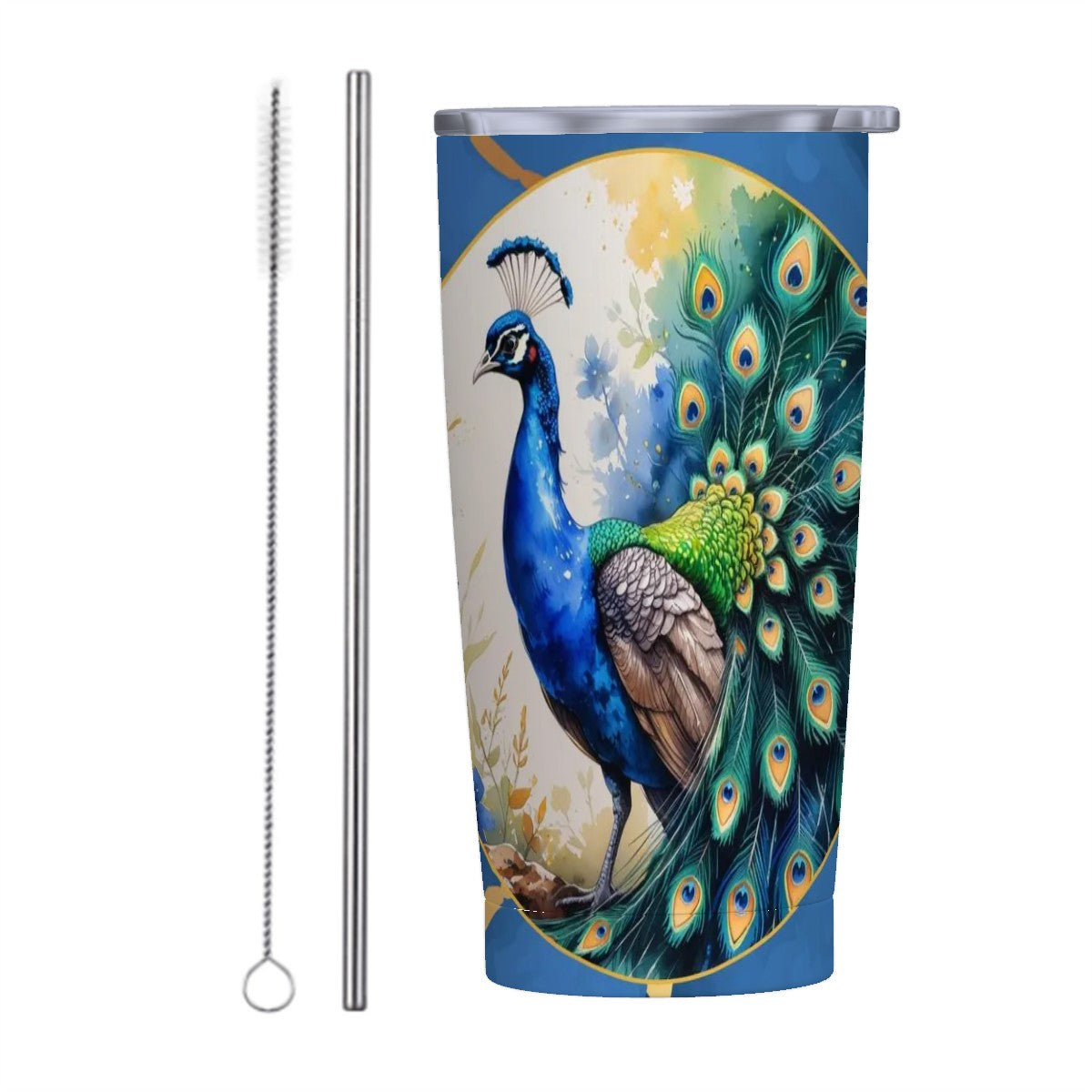 Floral Peacock Watercolor Blue And Gold Marbled Stainless Steel Insulated Tumbler
