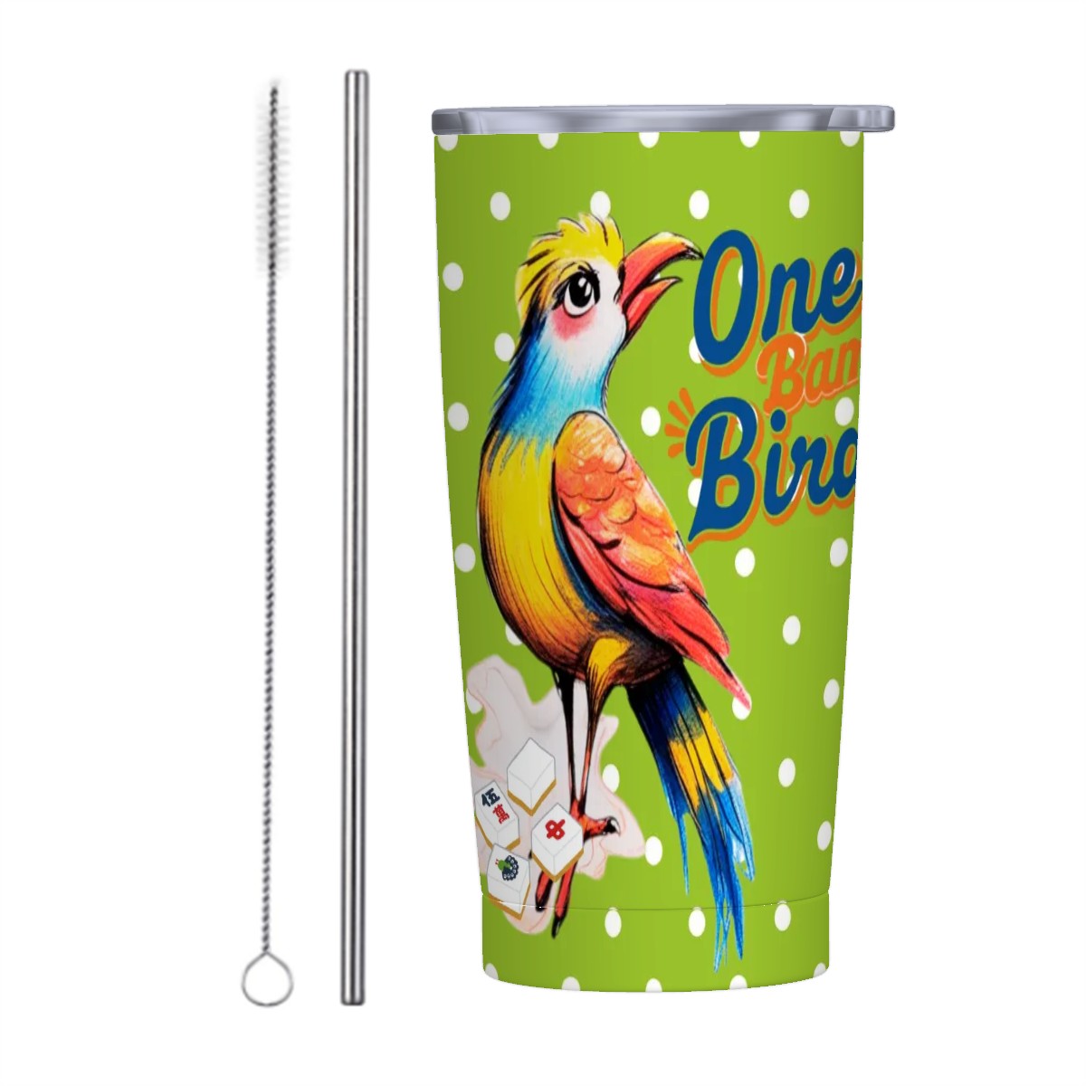 Quirky One Bam Bird Citrus Green Polka Dot Mahjong Tumbler
