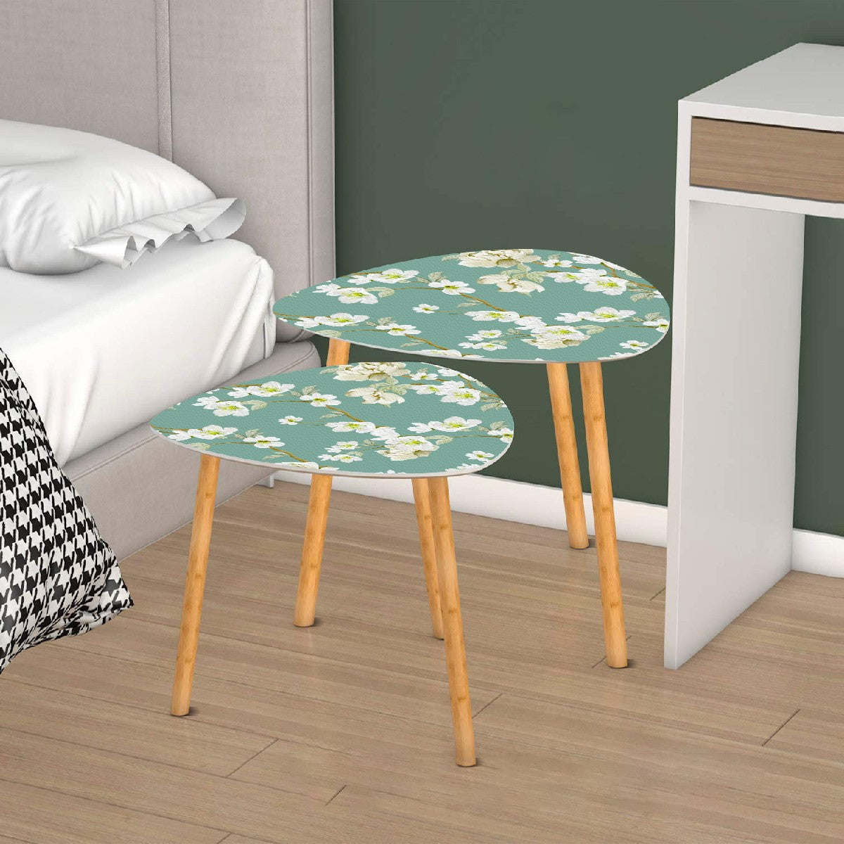 Asian Garden Zen Cherry Blossom Modern Nesting Triangle Coffee Table Set of 2