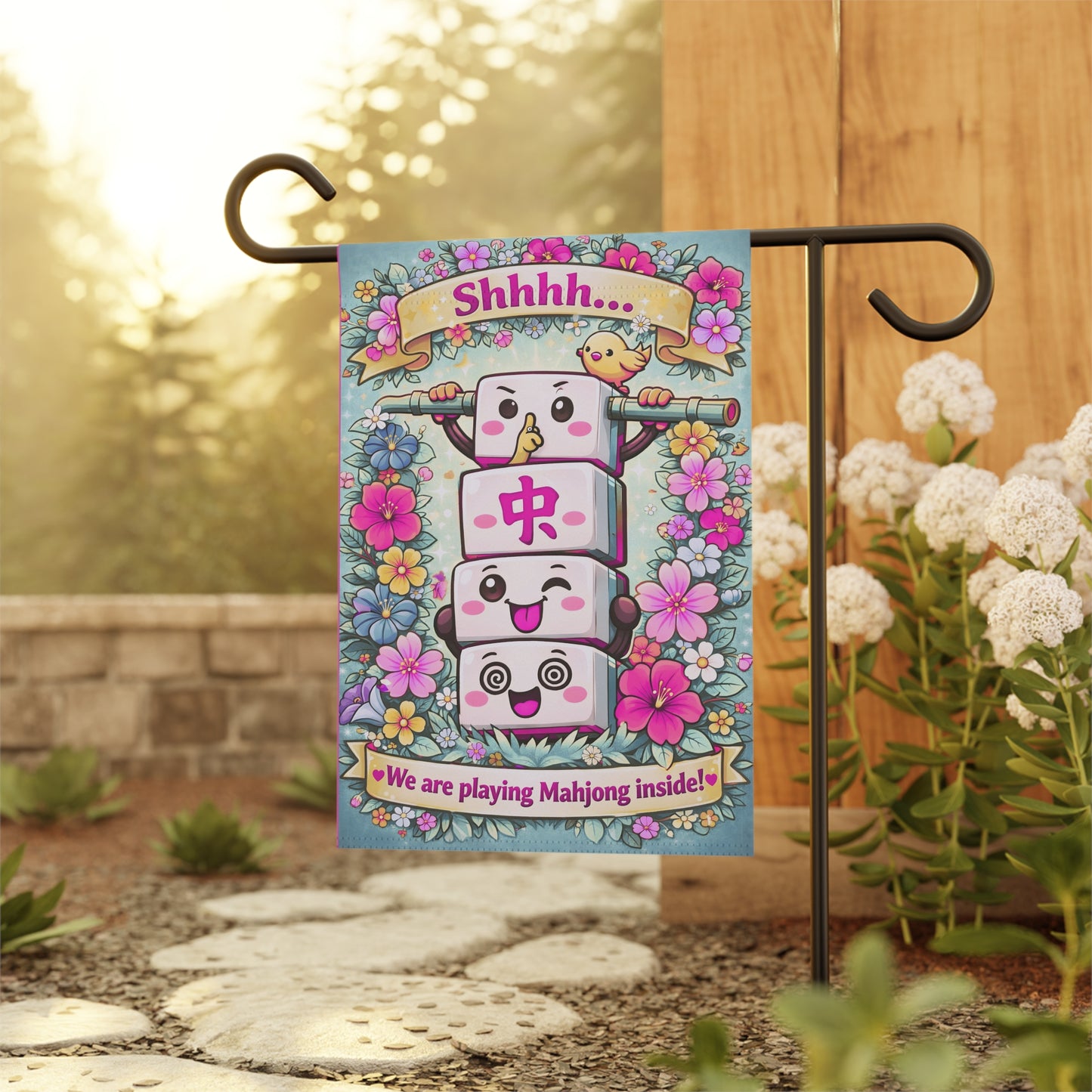 Shhhh We Are Playing Mahjong Inside Garden Flag | Garden Banner - Splash of Color Co.