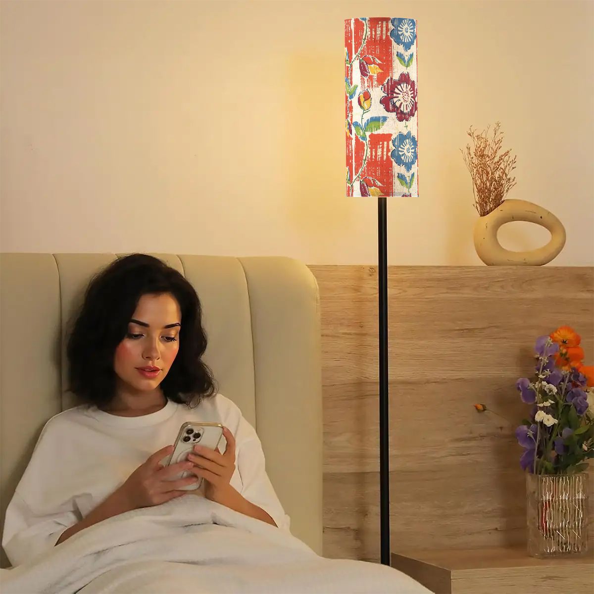 Heritage Floral Colorful Bohemian Blue Coral Modern Floor Lamp Modern