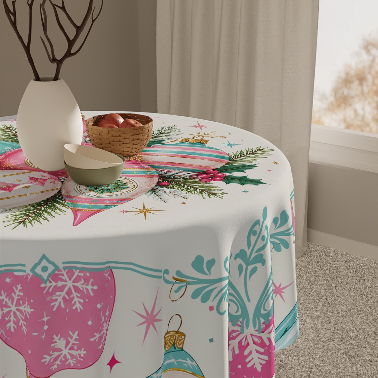 Shiny Brite Christmas Vintage Pink Teal Ornaments Holiday Tablecloth