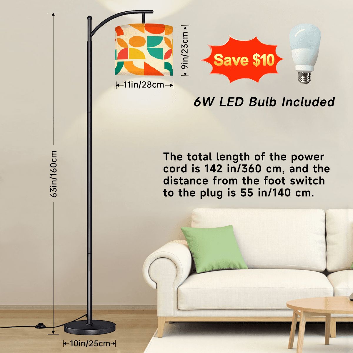 Geometric Sunshine Color Pop Orange Teal Yellow Modern Arc Floor Lamp