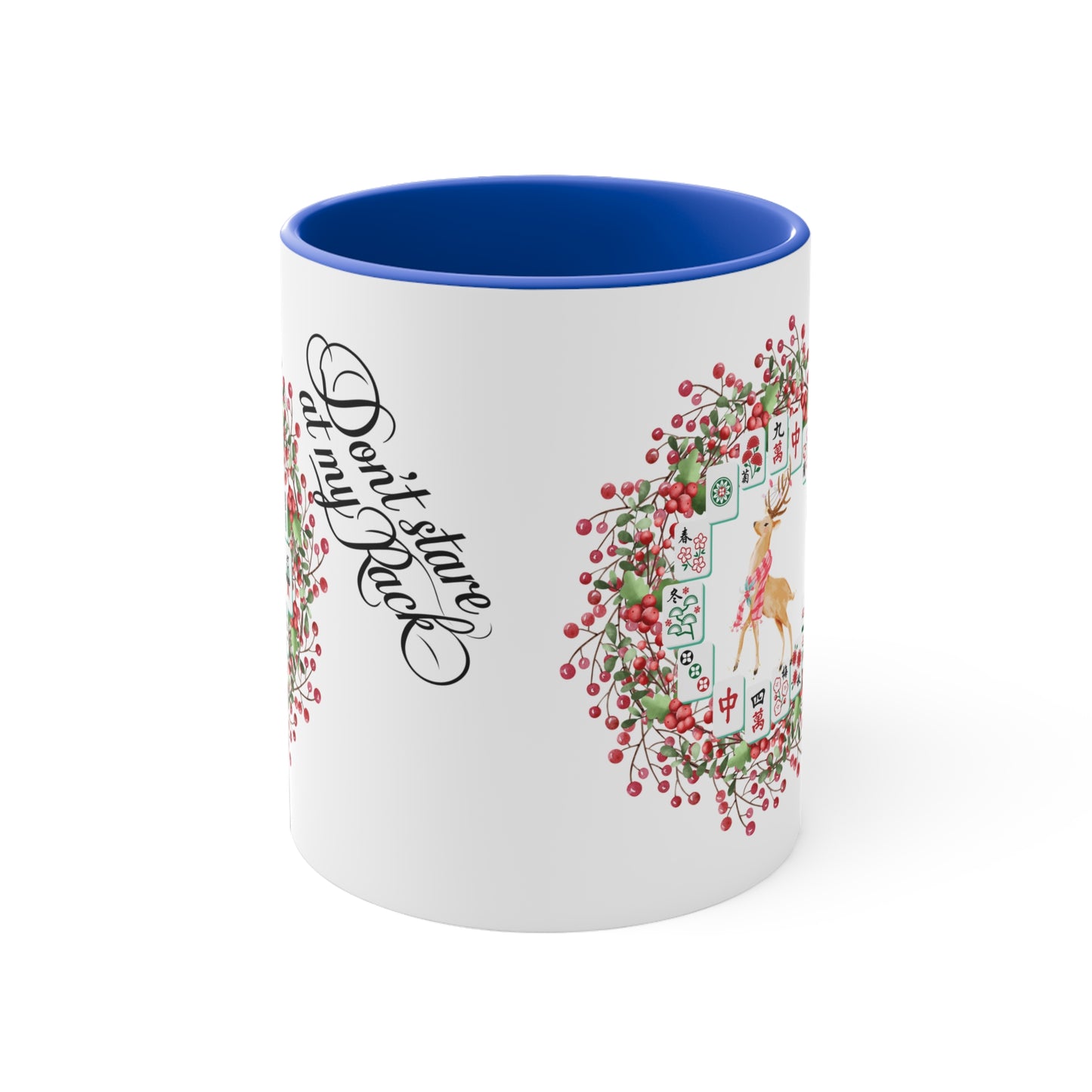 Funny Mahjong Christmas Mug, Don't Stare At My Rack, Mahj Tiles, Reindeer, Festive Mahj Mug for Holiday Cheer - 11oz Accent Mug, Gift for