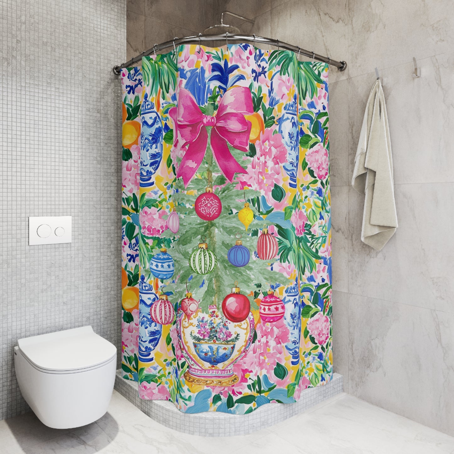 Chinoiserie Christmas Shower Curtain, Festive Floral Christmas Tree Design - Splash of Color Co.