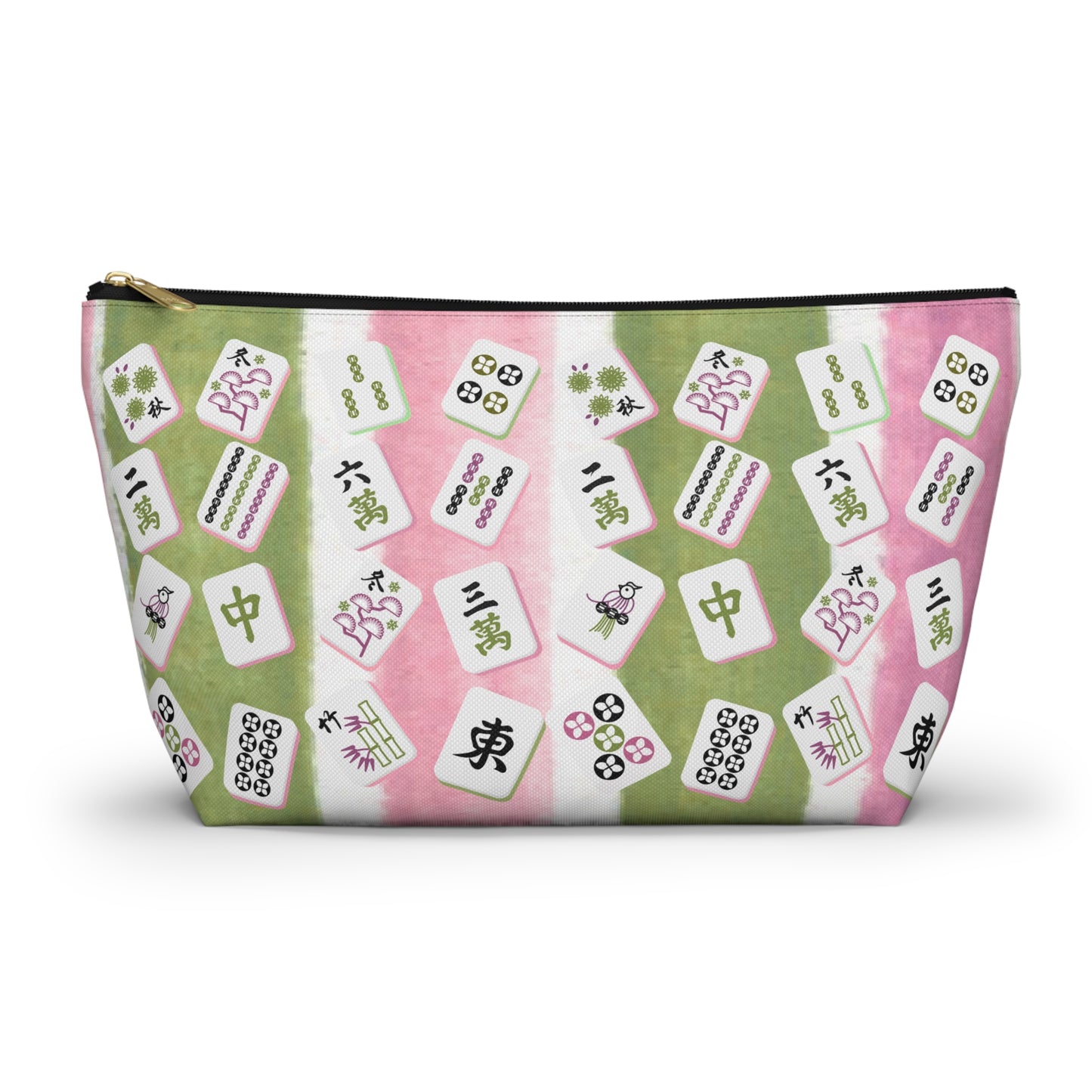 Mahjong Tile Pouch, Mahj Lover Gift, Cosmetic Bag, Pastel Pink Green Striped With Mahjong Tiles
