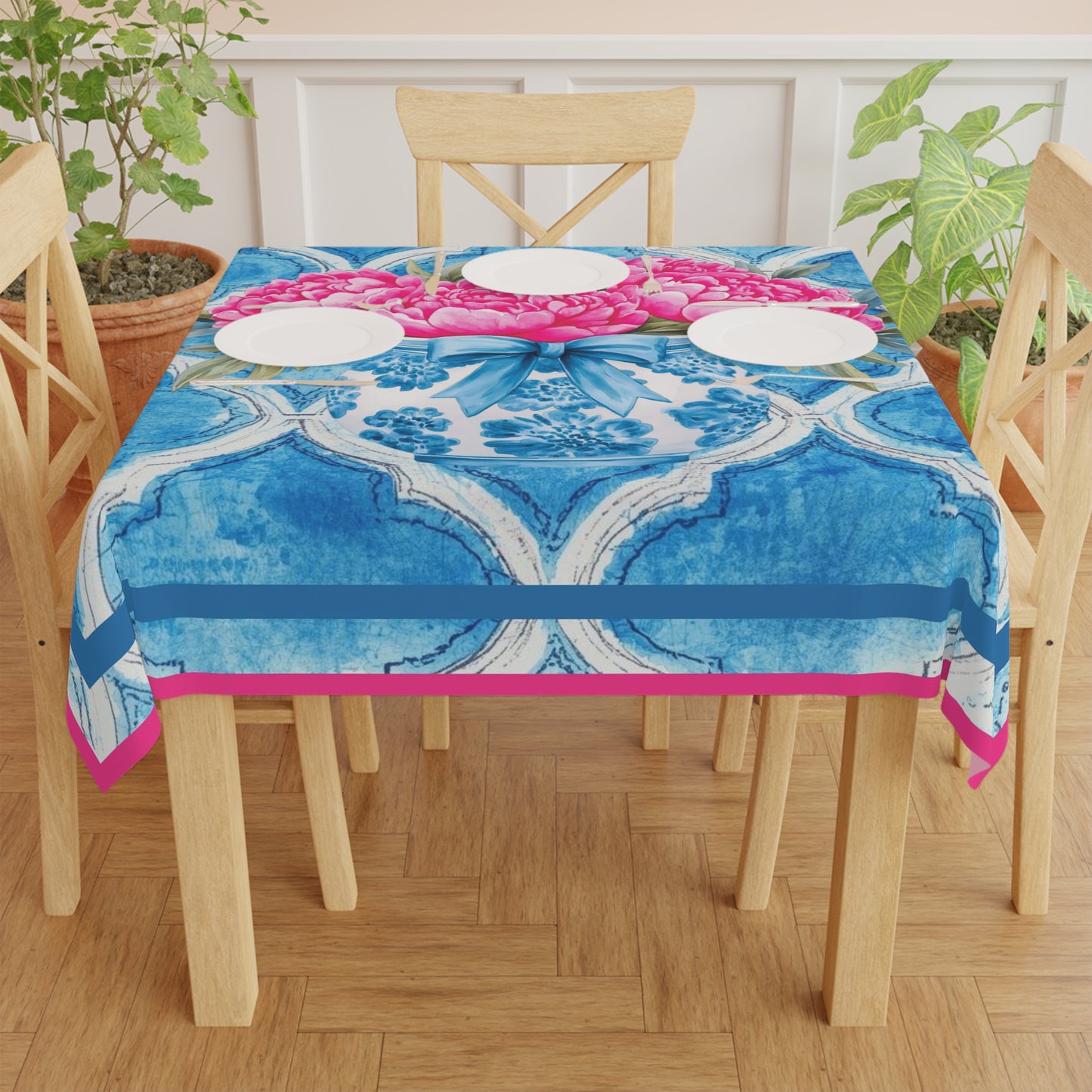 Blue Watercolor Asian Chinoiserie Tile Tablecloth With Pink Peonies - Splash of Color Co.