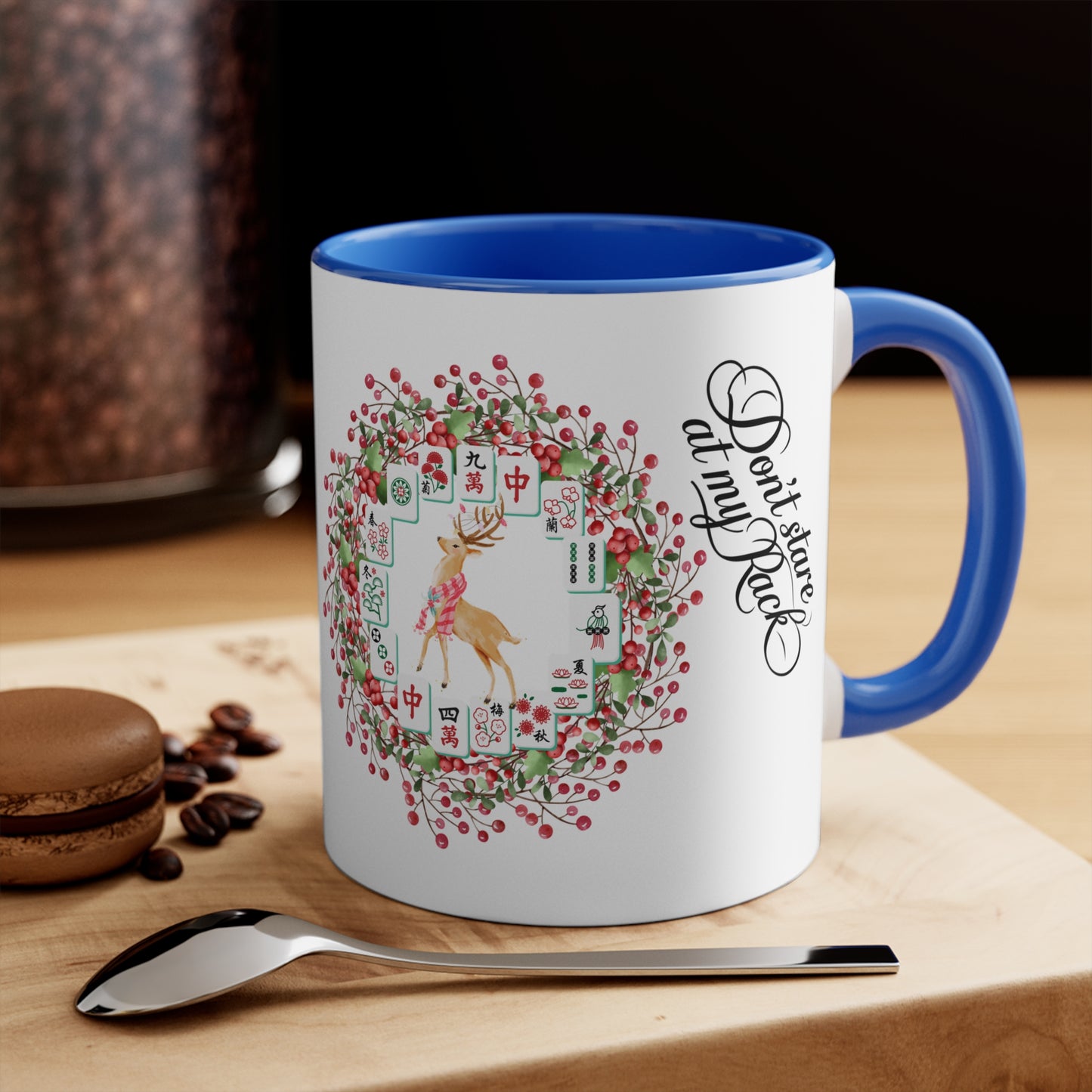 Funny Mahjong Christmas Mug, Don't Stare At My Rack, Mahj Tiles, Reindeer, Festive Mahj Mug for Holiday Cheer - 11oz Accent Mug, Gift for