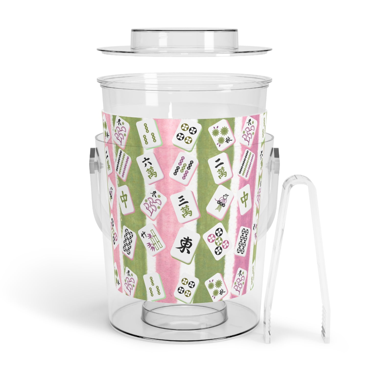Mahjong Ice Bucket, Charming Ice Bucket with Tongs for Parties, Green Pink Striped Mahj Tiles Drink Cooler