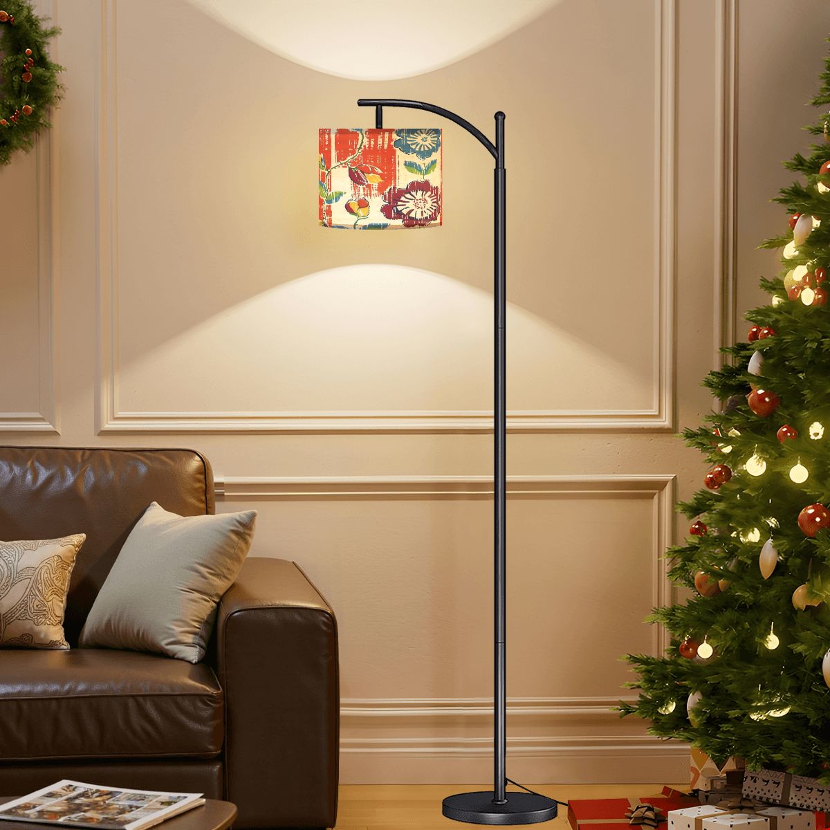 Boho Floral Heritage Modern Arc Floor Lamp, In Coral Blue And Green