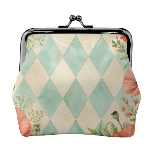 Harlequin Romance Floral Women's Leather Kiss Lock Coin Purse - Splash Of Mahj And Color Co.