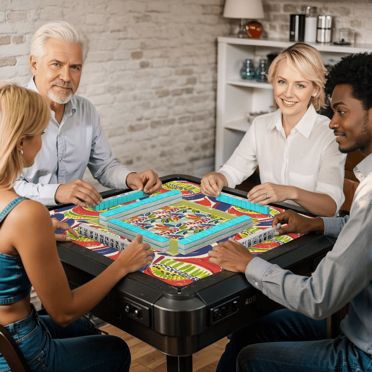 Mahjong Mat, Coral Blue Abstract Floral Modern Mahjong Mat