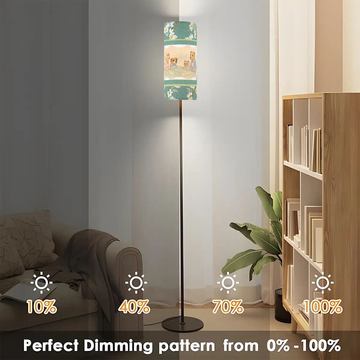 Whimsical Dogs Playing Mahjong Reading Nook Asian Floral Designed Modern Floor Lamp