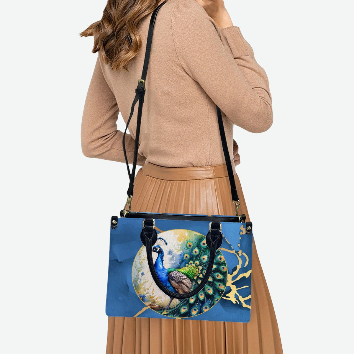 Chinoiserie Watercolor Asian Peacock Royal Blue Gold Shoulder Hand Bag