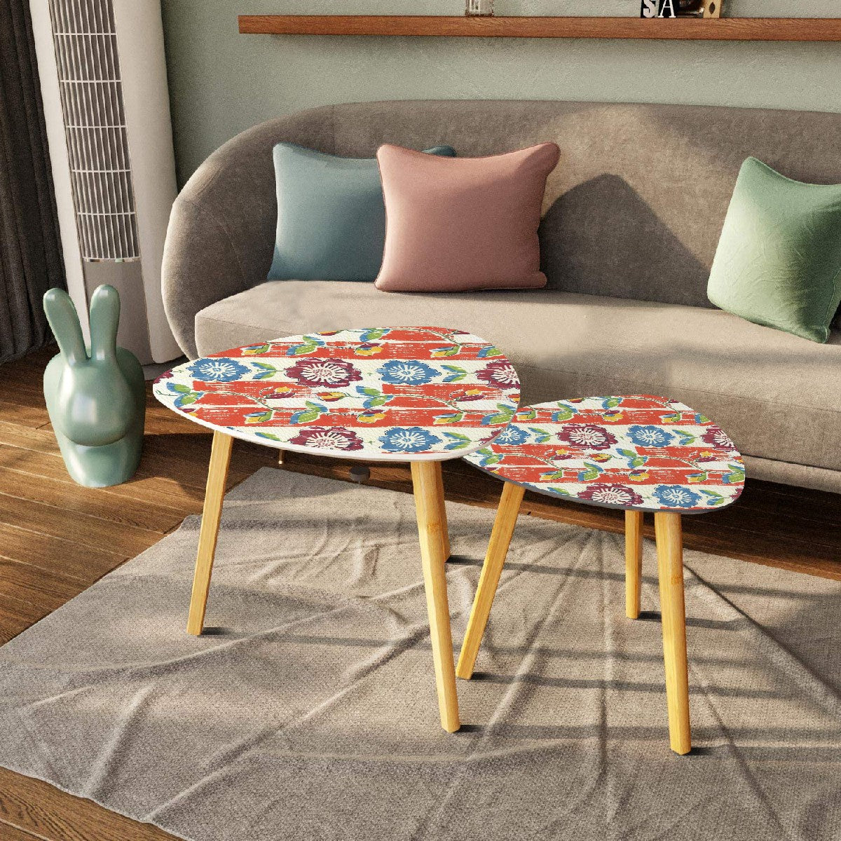 Vintage Floral Heritage Coral Blue Modern Nesting Tables Triangle Coffee Table Set of 2