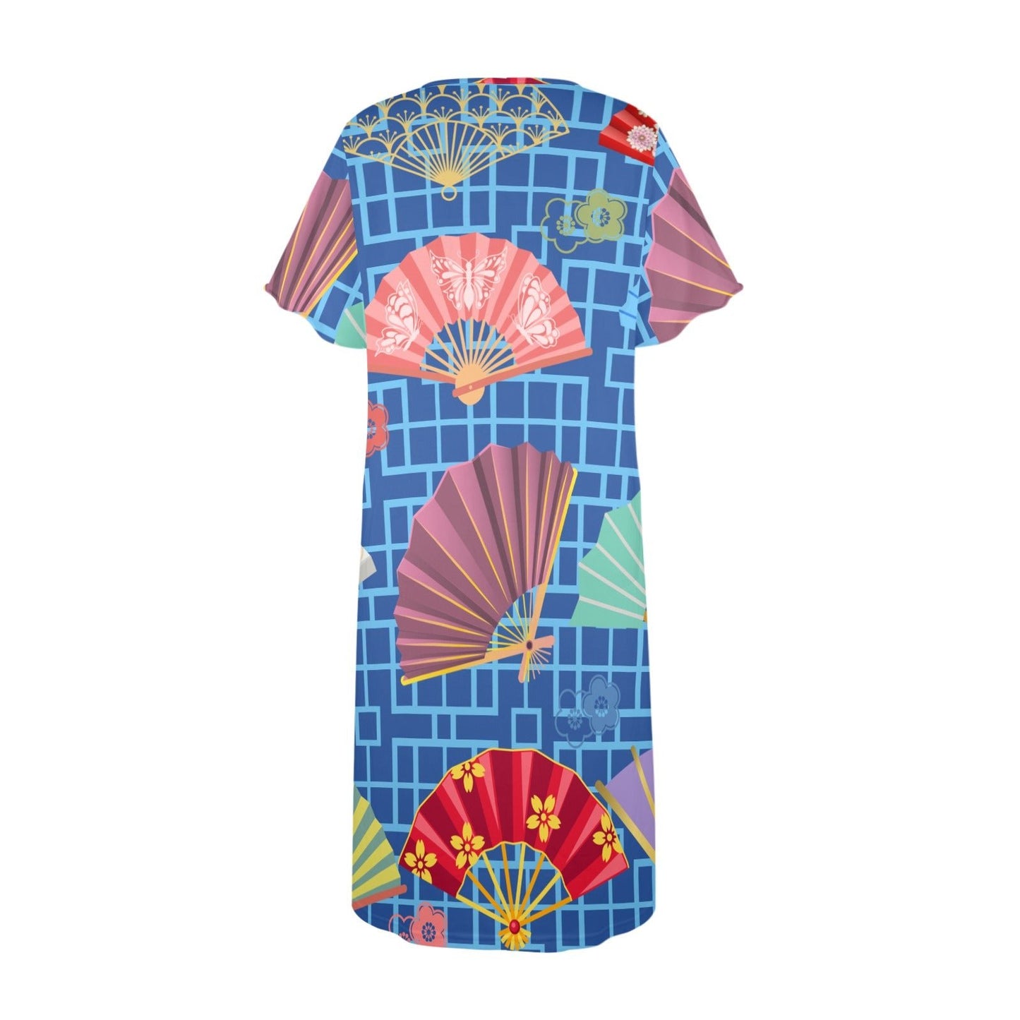 Mahjong Muumuu Dress, Asian Fans Blue Geometric Whimsical Pattern - Splash of Color Co.