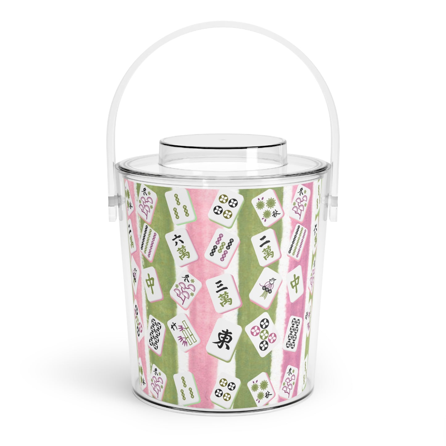 Mahjong Ice Bucket, Charming Ice Bucket with Tongs for Parties, Green Pink Striped Mahj Tiles Drink Cooler