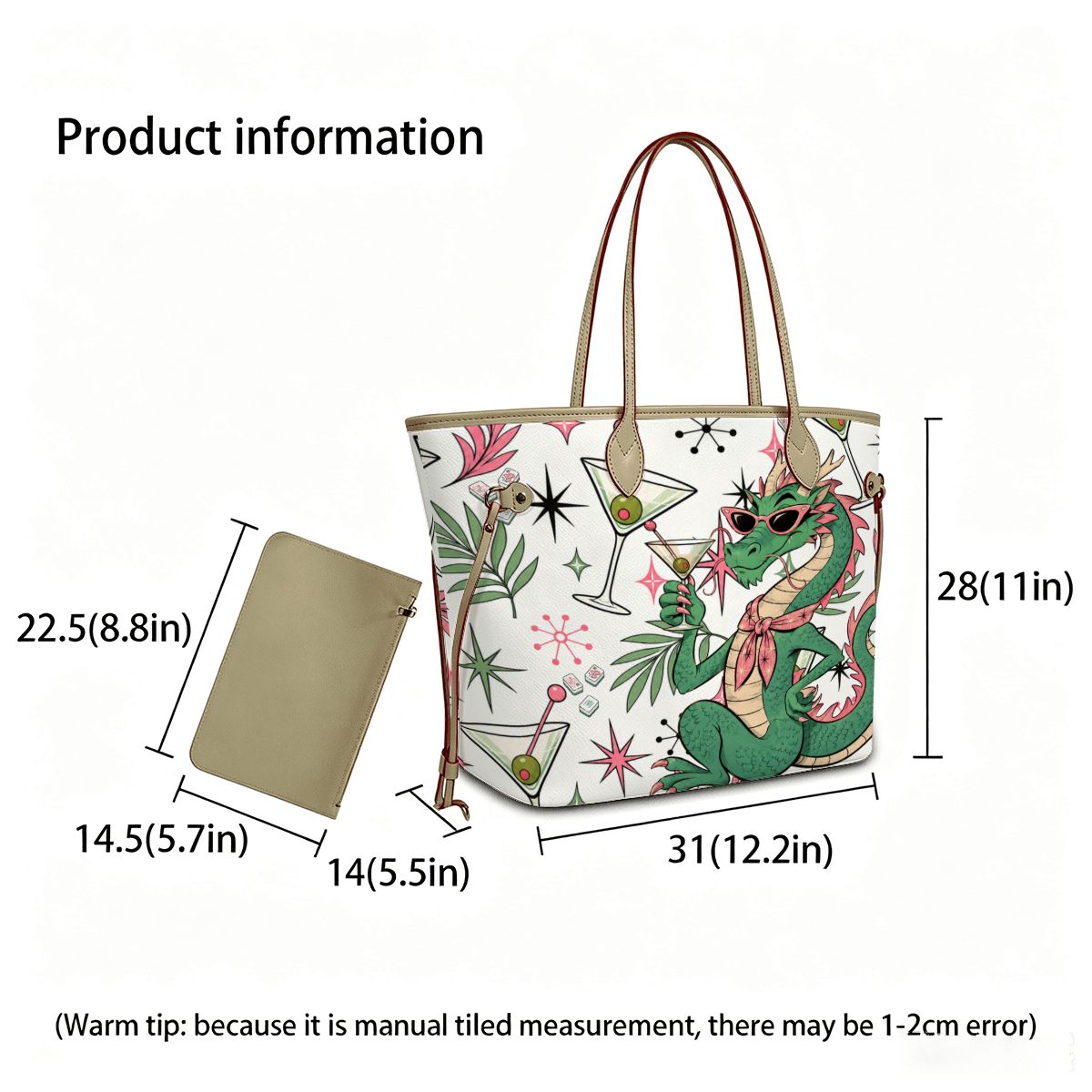 The Tipsy Dragon Mahjong Vegan Leather Tote Bag With Mini Pouch - Splash Of Mahj And Color Co.