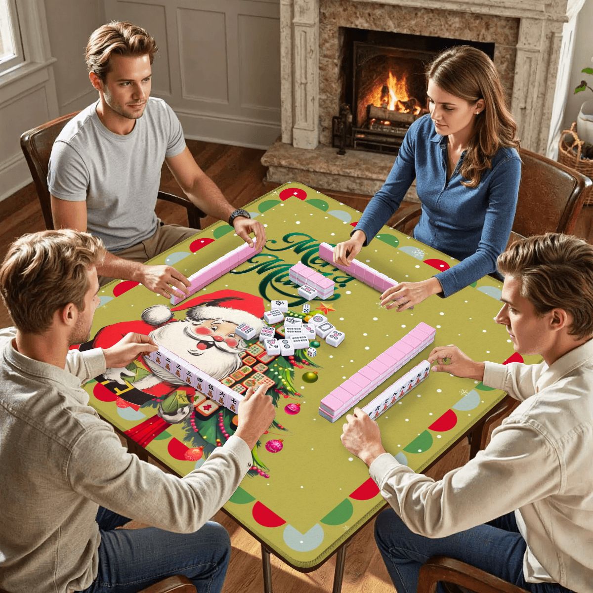 Merry Mahj Christmas Mahjong Mat Whimsical Tile Tree Nostalgic Santa Game Mat