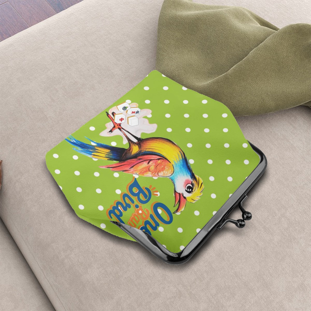 Whimsical Citrus Green Polka Dot One Bam Bird Mahjong Lover Gift Women's Kiss Lock Coin Purse