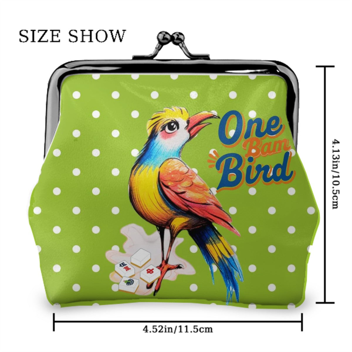 Whimsical Citrus Green Polka Dot One Bam Bird Mahjong Lover Gift Women's Kiss Lock Coin Purse