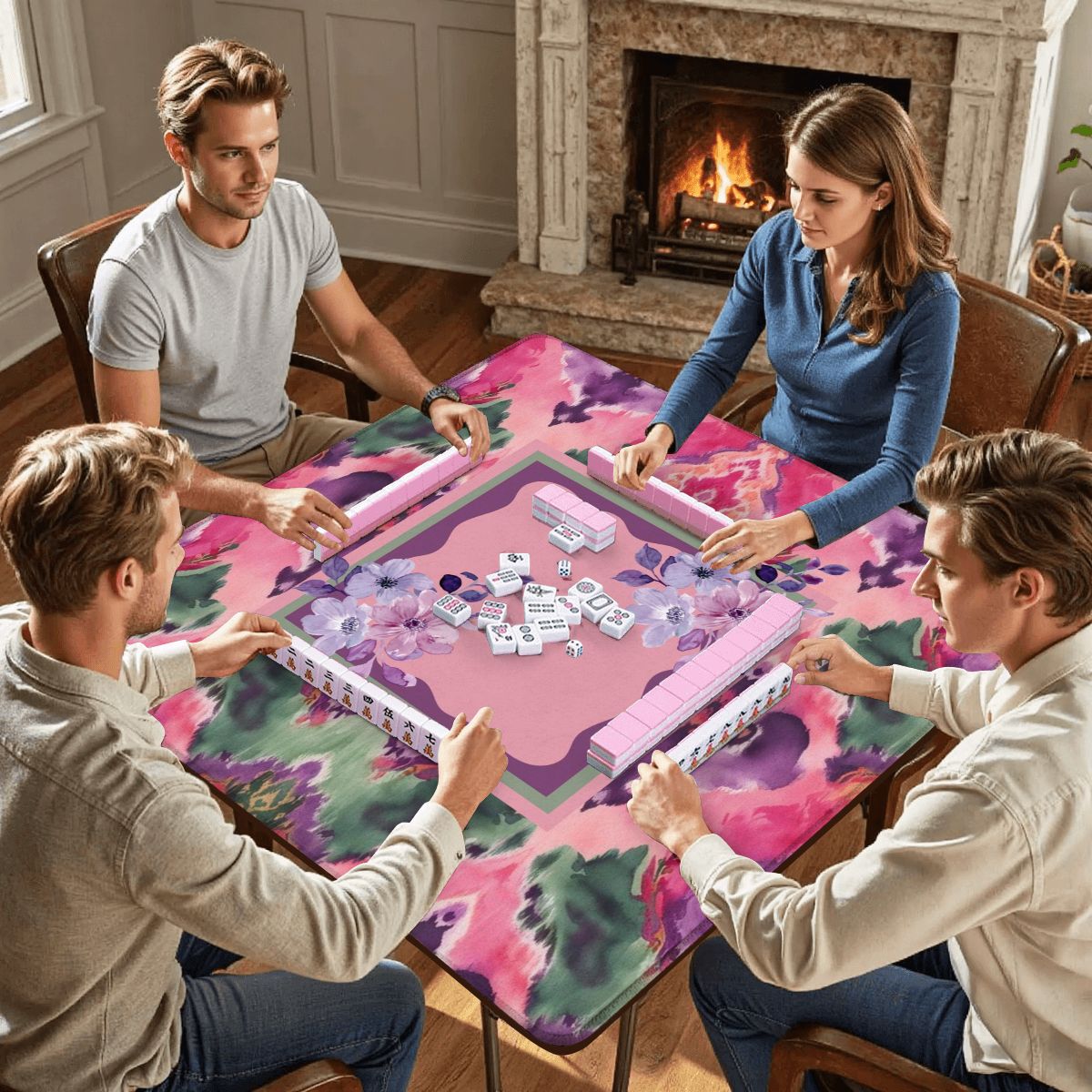 Mahjong Mat Ikat Watercolor Pink, Purple, Emerald Green Boho Mahj Mat